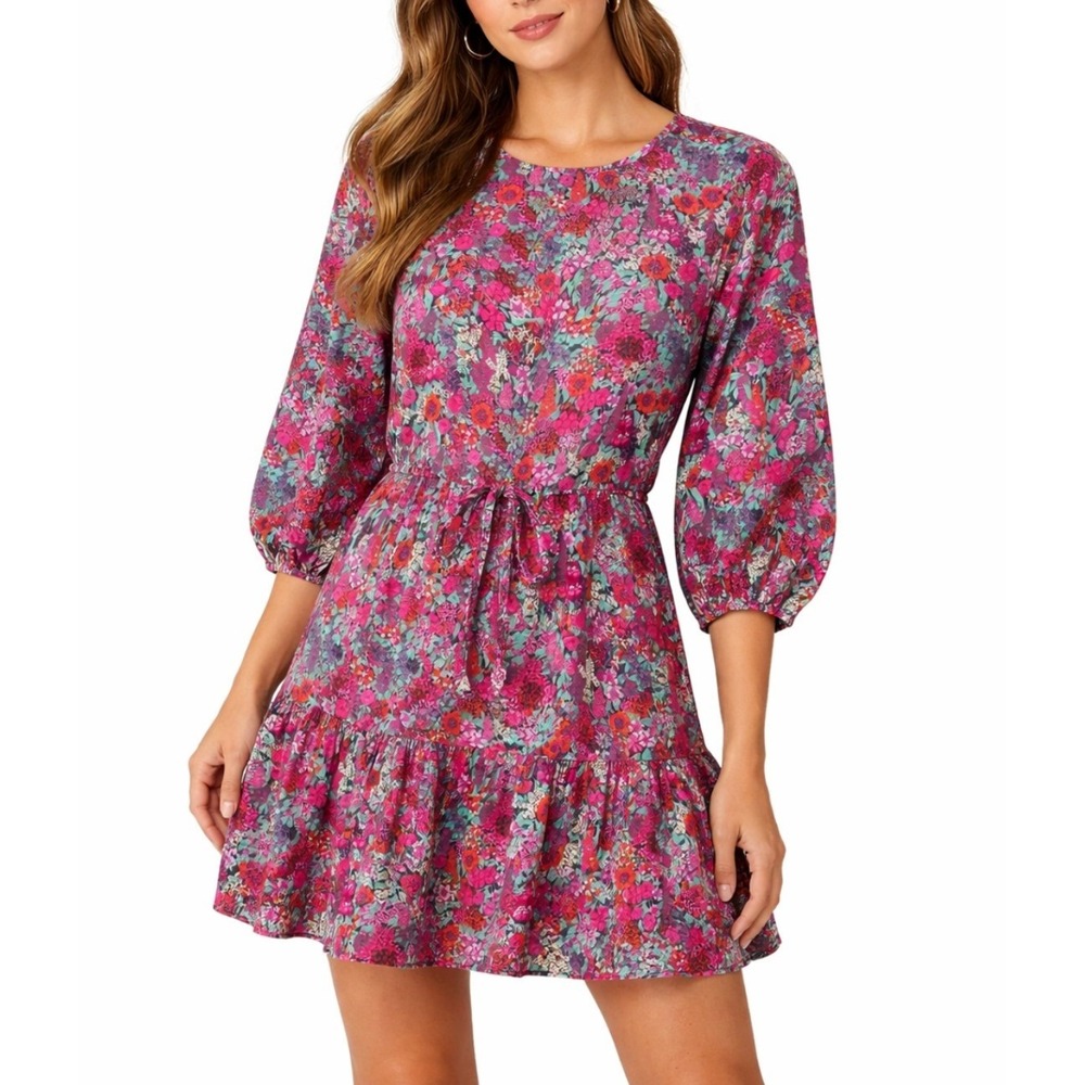 Evereve Womens Pink Floral Cotton Mini Dress 3/4 Puff Sleeve Tie Waist‎ Size S